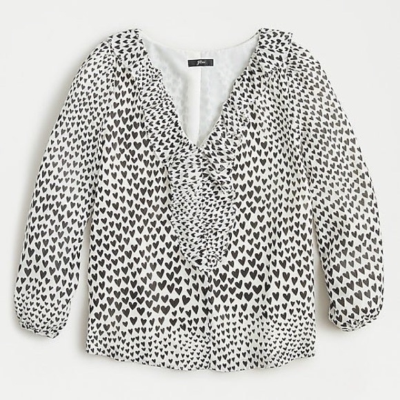 J. Crew Black & White Heart Print Ruffle Blouse - Picture 3 of 11